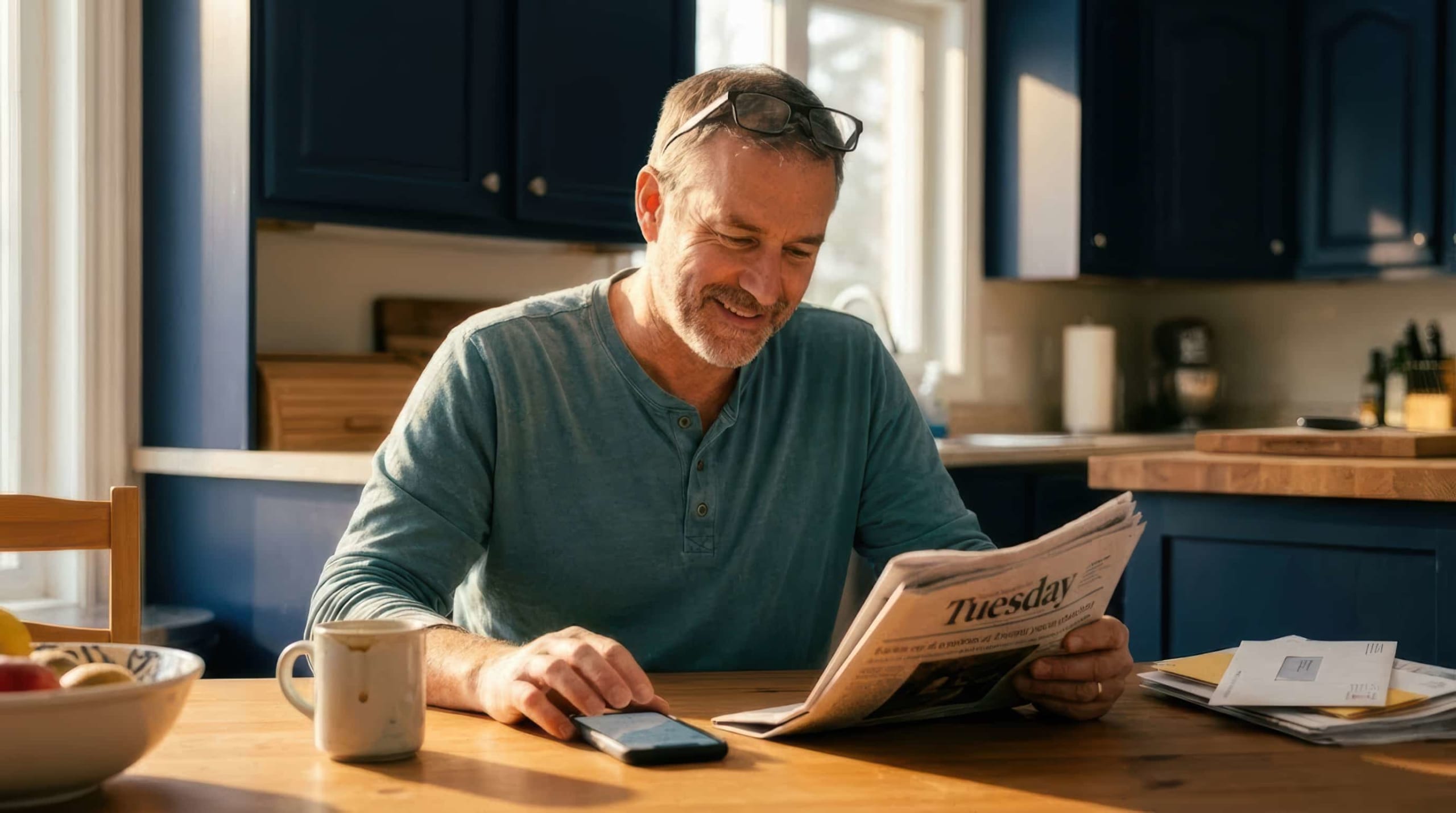 Canadian lottery player enjoying morning coffee while browsing Mega Millions jackpot on mobile phone